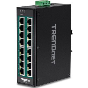 TRENDnet TI-PG160 16-Port Ethernet Switch, 16 Gigabit PoE+ ports, 32 Gbps switching capacity, DIN-rail/wall mount, IP30
